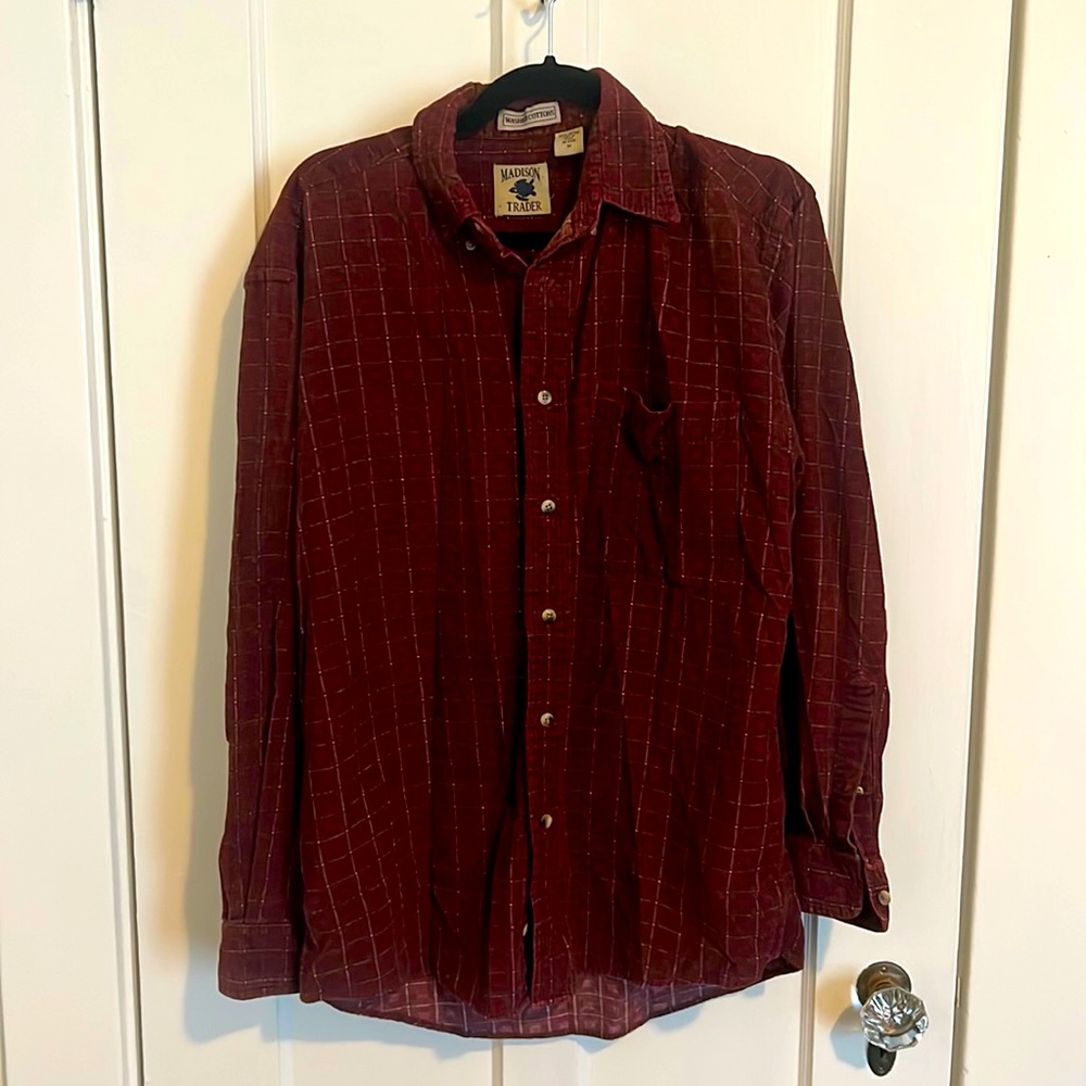 Vintage Plaid Corduroy Button Down Shirt Medium Burgundy Green